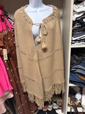 Women’s Fringe Knit Poncho Sweater - Beige OS